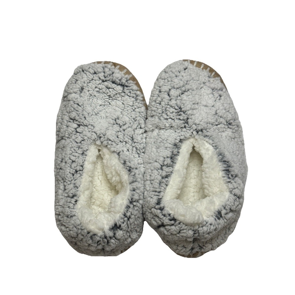 Slipper Socks Cozy Sherpa‎ Fleece Grey White OS Lemon Non-Slip Grip Moccasin
